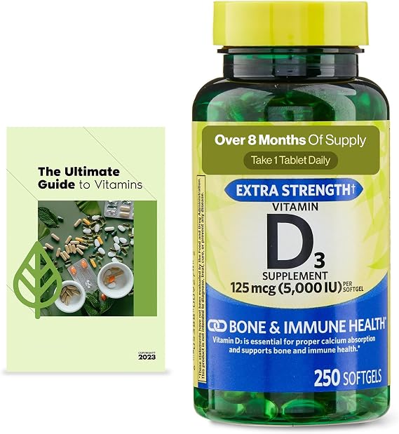 Spring Vitamin D3 Softgels, 125 mcg (5,000 IU), 250 Softgels, Bone & Immune System Support, Daily Dietary Supplement + Exclusive Vitamin Guide (2 Items)