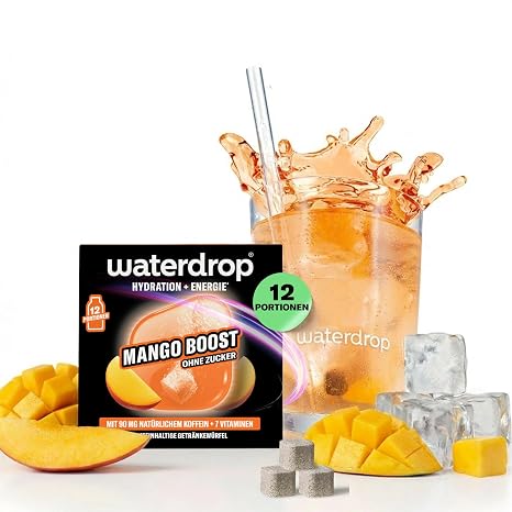 Waterdrop Microenergy Mango Energy Drink Powder 12 Cubes Drink Powder Mango Flavour Sugar-free & Low Calorie with 90 mg Natural Caffeine Vitamin C & B - Flavour Drops
