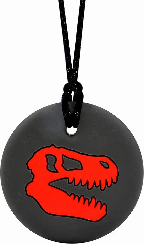 Dinosaur Skull Sensory Chew Necklace Chewy Fidget Toy for Adults, Boys and Girls (Red)