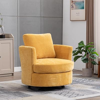 Chenille Swivel Barrel Chair, 360Round Accent Chair with Tall Backrest, Modern Upholstered Armchair for Living Room, Bedroom, Nursery, or Office, Comfy Leisure Sofa Chair Mustard
