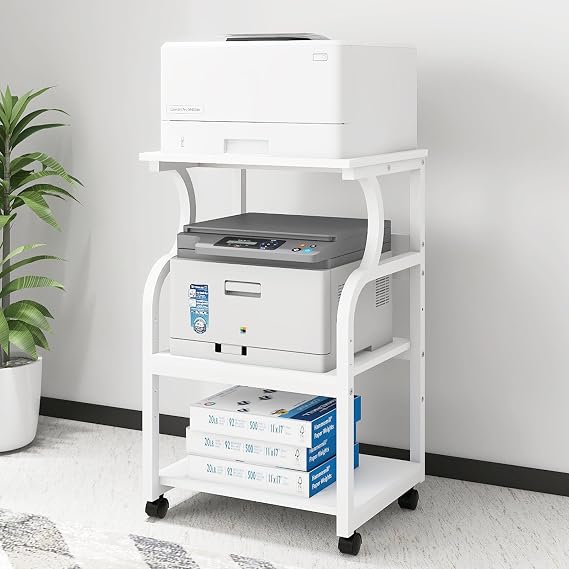 Puncia 3-Level Printer Table Height Adjustable 50 x 40 cm Printer Stand Mobile Printer Holder with Wheels Wooden & Metal Printing Trolley for Large Printer for Study Office Office White