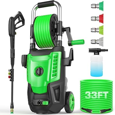 4800 PSI Pressure Cleaner- 4.0 GPM High Power Cleaner with 33FT Hose Reel, 4 Spray Tips and Soap Bottle for Car Washing, Fence Cleaning, Patio Maintenance（Upgraded）Light Green