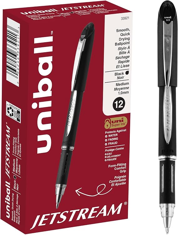 uniballTM Jetstream Ballpoint Pens, Medium Point (1.0mm), Black, 12 Pack | Hybrid ink: gel smoothness with ballpoint quick-dry speed, smudge-resistant for left-handed writers, uni Super Ink protection