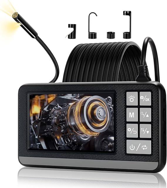 Dual Lens Endoscope Camera with Light, 1920P HD Borescope with 4.3" IPS Screen, IP67 Waterproof Inspection Camera with 8 Adjustable LEDs, 16.5ft Semi-Rigid Cable, 32GB Card-Black