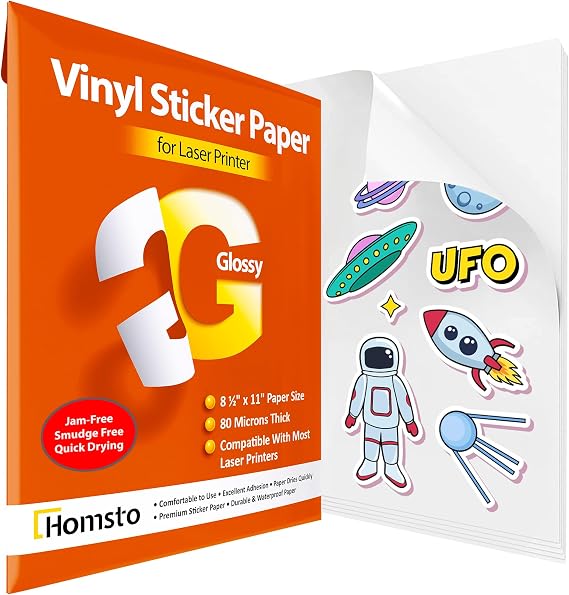 Vinyl Sticker Paper, Glossy Printable Vinyl Sticker Paper for Laser Printer, Quick-Drying, Water and Scratch-Resistant, Self-Adhesive for Most Surfaces, 8.5 x 11 Inches