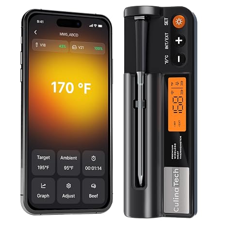 Smart Wireless Meat Thermometer with Ultra-Thin Probe, Waterproof, Dual Sensor, Bluetooth Meat Thermometer with LCD Base Station Display & Smart APP for BBQ Grill Oven Smoker Air Fryer