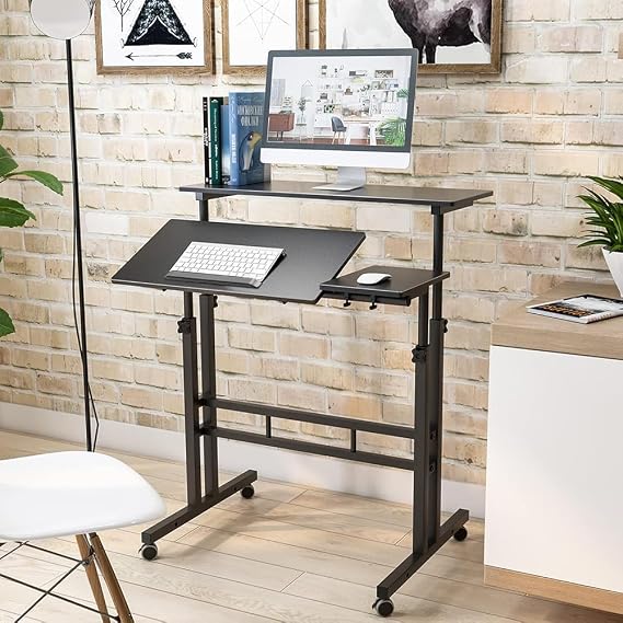 Standing Desk Height Adjustable Rolling Desk with Tilting Table Top Sit-Stand Workstation with Wheels, 60 x 60 Cm, Laptop Table Home Office Desk Small Computer Desks