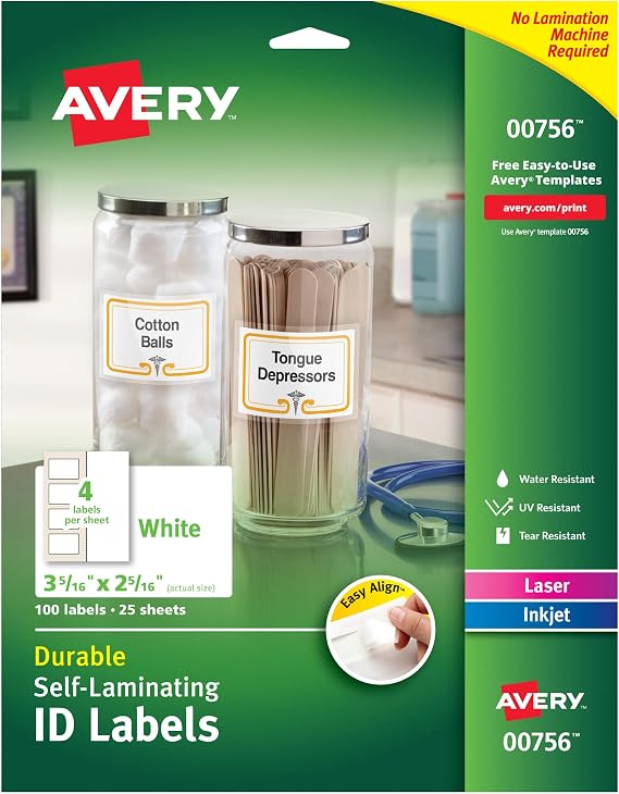 Avery 00756 Easy Align Self-Laminating ID Labels, Laser/Inkjet, 2 15/16 x 3 5/16, White (Pack of 100)