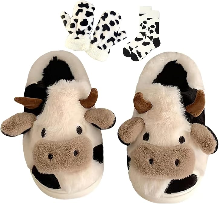 Cute Cow Fuzzy Slippers Women Kawaii Slippers for Women Fluffy Kawaii House Slippers Cute Slippers for Women
