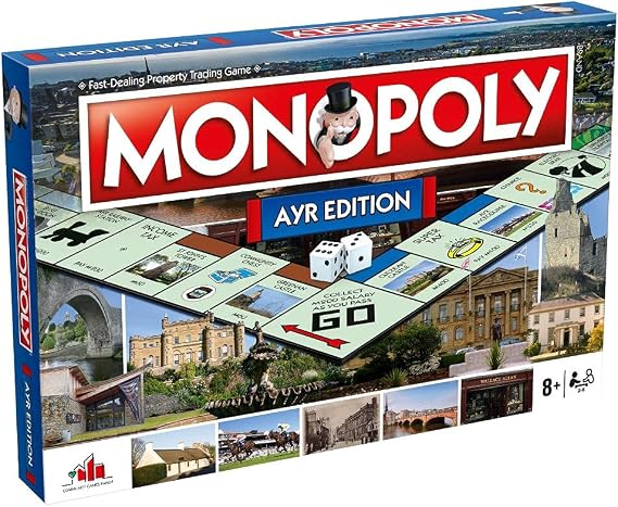 Winning Moves Ayr Monopoly Board Game, Advance to Ayr racecourse, Burns Cottage or Wallace Tower and trade your way to success, 2–6 players makes a great gift for ages 8 plus