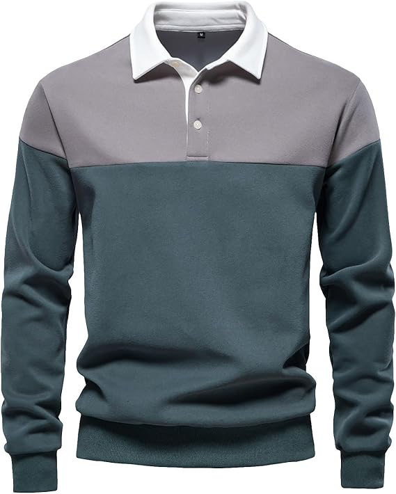 Men's Preppy Polo Shirts Stylish Color Block Casual Long Sleeve Slim Fit Pullover Spring Sweatshirt with Collar