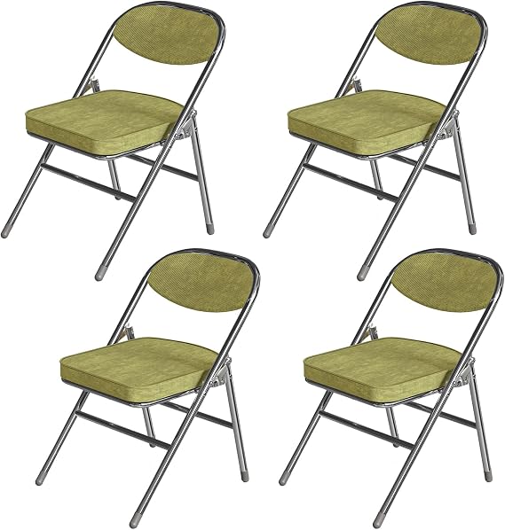 Padded Folding Chairs 4 Pack, Corduroy Fabric and Backrest Upholstered Foldable Chair, Portable Stackable Commercial Seat with Steel Frame for Events Office Wedding Parties(Green)