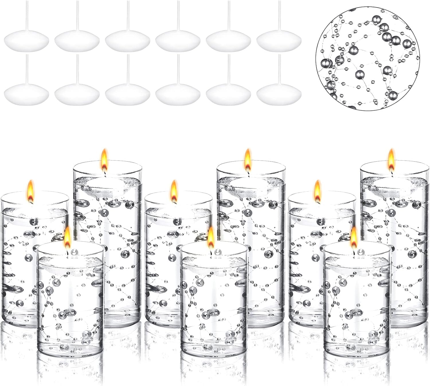 Hoolerry 9 Set Glass Cylinder Vases for Centerpieces, Multiple Size Clear Hurricane Candleholder with Floating Candles Artificial Pearl String for Wedding Table Decor4,4.7, 6,Silver