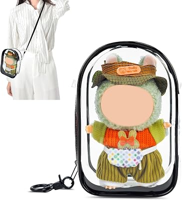 Large Clear Figure Display Bag with Keychain Case Blind Box Keychain Carrying Case, Portable Small Doll Storage Pouches PVC Bag Black Standing