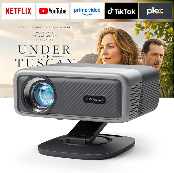 Smart Projector with WiFi and Bluetooth,TOF Real-Time Auto Focus Projector, AuKing Outdoor Movie Home Proyector with Omni-Adjustable Stand(silver grey)