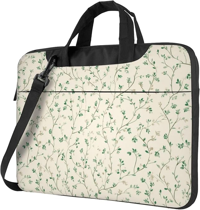 Tiny Sage Green Leaves Curling Across Cream Laptop Bag 15.6 Inch Computer Case Padded Sleeve Cover For Women Men