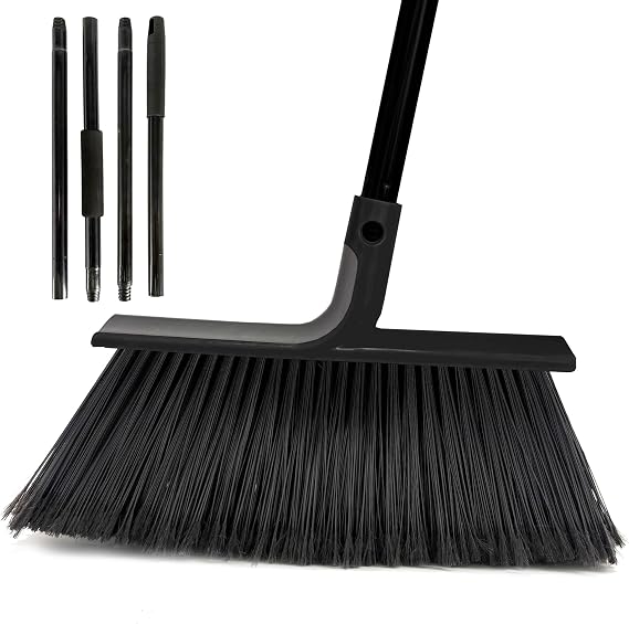 Large Angle Brooms Indoor Outdoor Broom with Long Handle Stiff Bristle Sweeper for Kitchen Garage Deck Courtyard Lobby Patio Lawn Leaves (Black)