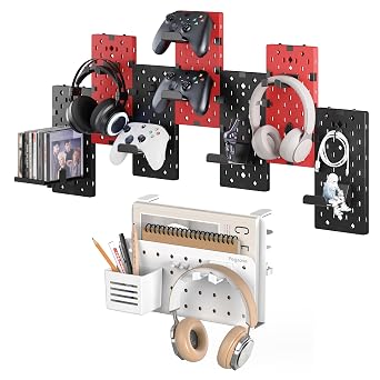PEGZONE Desk Side Storage Organizer No Drill Under Desk Laptop Holder Bundle with 7 PCS Controller and Headphone Holder Wall Mount