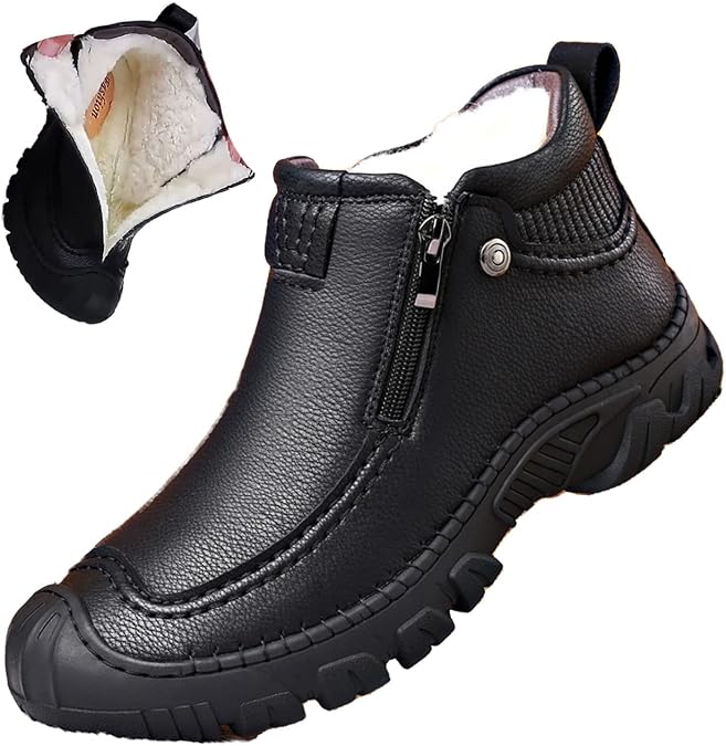 MOYOWEI Men's Winter Outdoor Hiking Waterproof Snow Boots,Round Toe Fleece Warm Mid Non-slip Trekking Zip Height Ankle Booties