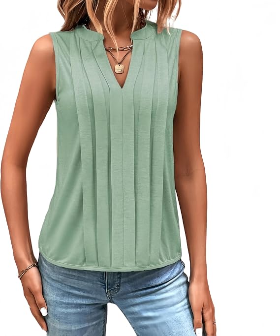 YOXUA Womens Summer Basic Tank Tops, V Neck Sleeveless Pleated Clothes Teacher Loose Tunic Shirts Outfits