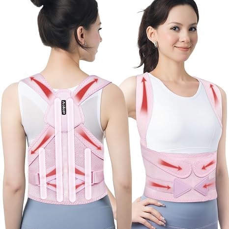 Posture Corrector for Women and Men - Elastic Adjustable Lumbar Belt Strap 4 Support Bars Back Support Brace, Breathable Upper Lower Back Straightener for Spine Scoliosis (Pink, 38'-45')