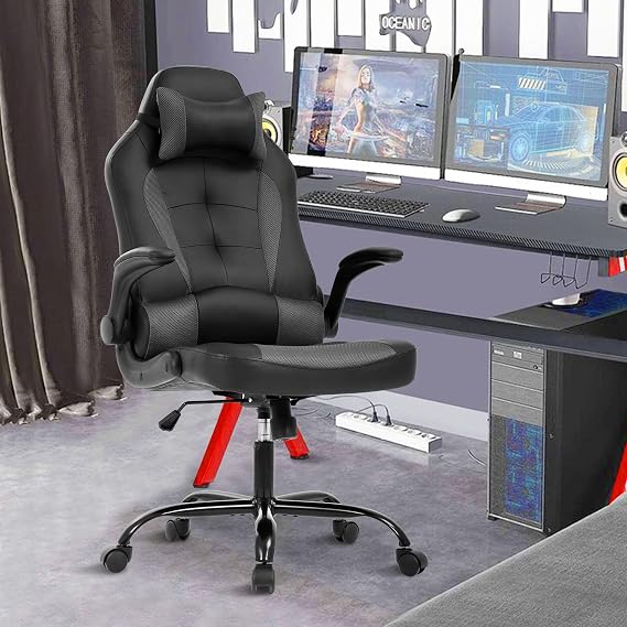 PC Gaming Chair Office Chair, Ergonomic Desk Chair with Headrest& Lumbar Support, Adjustable High Back PU Leather Computer Chair Racing Rolling Swivel Task Chair for Adults, Grey