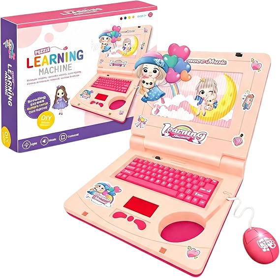 Interactive Toy Laptop, Featuring Lights, Sounds Educational Games, Fostering Creativity & Motor Skills Through Play, Simulated Laptop Learning Toy, Pretend Computer Toy with Keyboard Mouse, Pink