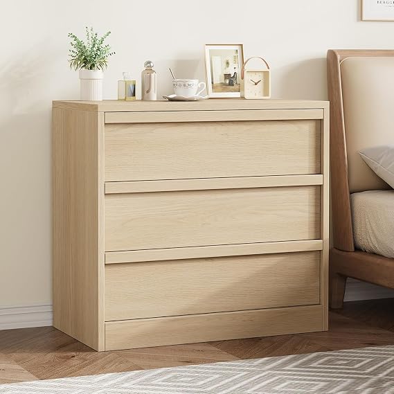 3 Drawer Dresser for Bedroom, Night Stand with Natural Wooden Handles | Burlywood Chest of Drawers, Mid Century Modern, Bedside End Table for Closet, Nursery, Living Room, Entryway, 30" Wide
