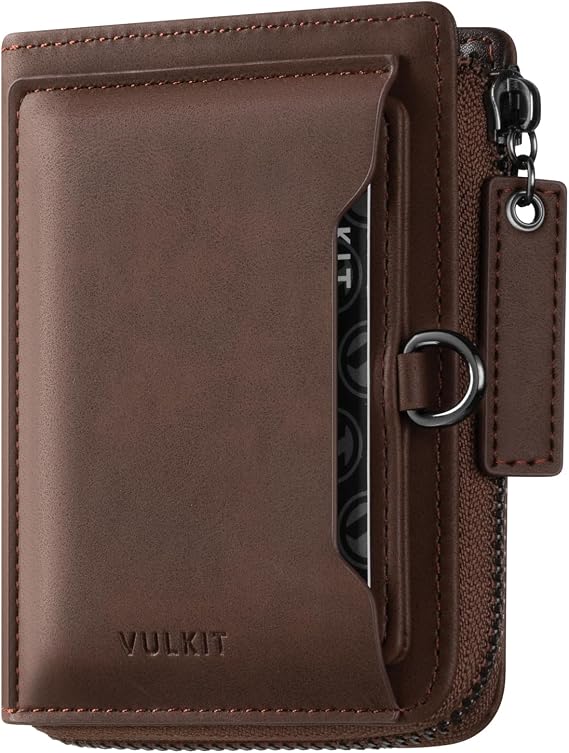 VULKIT Men's RFID Blocking Leather Wallet - Bifold Zip Around Card Holder with Coin Pocket - Espresso