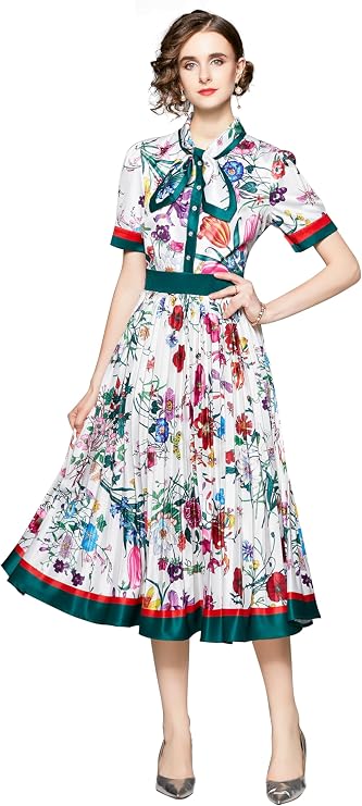 LAI MENG FIVE CATS Women's Short Sleeve Floral Print Button up Casual A-line Flowy Midi Dress