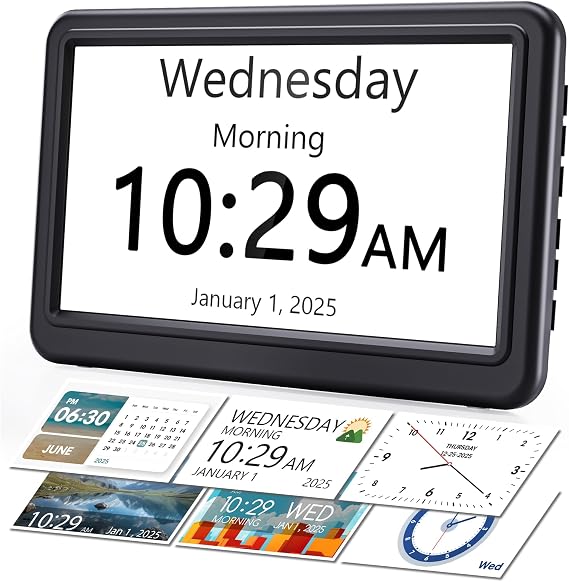 ROCAM Dementia Clock for Seniors with Large Display & Daily Reminders | 12 Themes, 20 Custom Alarms, 18 Ringtones, Medication Reminders, Automatic Dimmer, Digital Calendar Display for Elderly Care