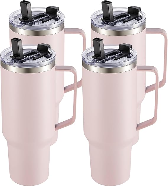 40 oz Tumbler with Handle and Straw Lid, Stainless Steel Tumblers Bulk Double Wall Vacuum Insulated Mug Leak-proof Travel Cup for Car, Office, Home, Rose Quartz, 4 Pack