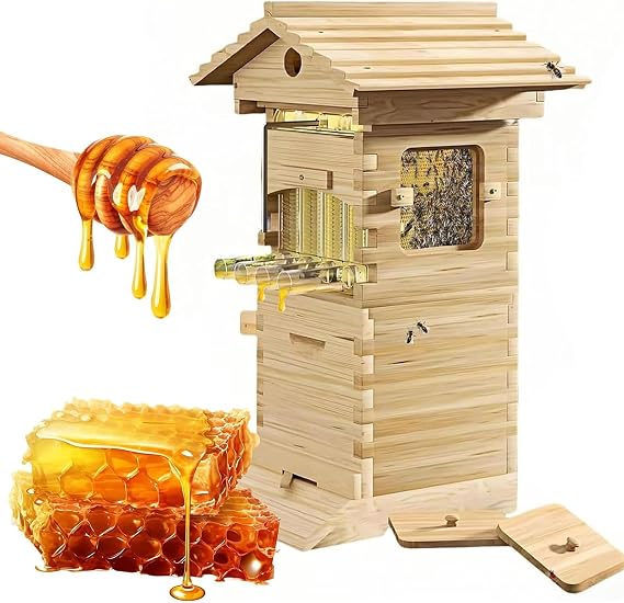 Bee Hive, Beehive Starter Kit, Carpenter Bees House with Observation Window and Honey Spout, Frame Complete Bee Box, Self-flowing Honey Wooden Box for Garden Pollinators