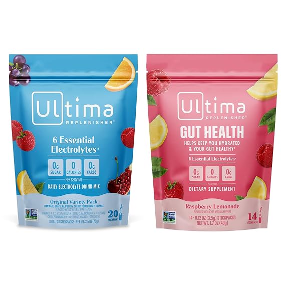 Ultima Replenisher Electrolyte Powder Drink Mix Bundle Sugar Free Variety, Gut Health 20 Stickpacks, 14 Stickpacks 6 Electrolytes and Minerals Keto Friendly, Vegan, Non-GMO