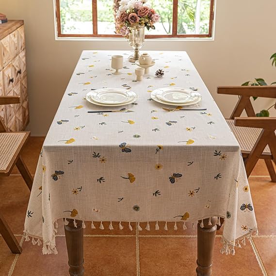 Polyester Linen Tablecloth with Tassels, Rectangular Dining Table Sunflower Butterfly Flower Ginkgo Leaf Embroidered Tablecloth, Variety Bohemian Rustic Country Farmhouse Tablecloth 55x86 inches
