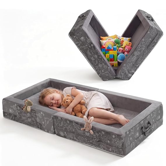 oaskys Portable Toddler Travel Bed 2-in-1 Foldable Floor Bed with 2.75" Thick Soft Foam, Machine-Washable Crystal Velvet Cover, Lightweight 6lb for Home & Travel Gray