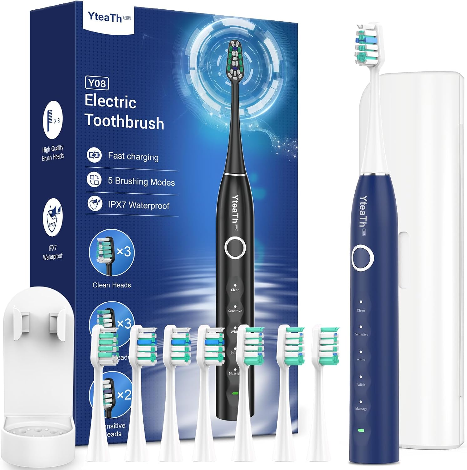 Sonic Electric Toothbrush for Adults and Kids - Sonic Toothbrush with 8 Toothbrush Heads 3 Types and 5 Modes, 120 Days Battery Life, 50000 VPM, Travel Case and Wall Holder, 2 Minute Timer, USB C
