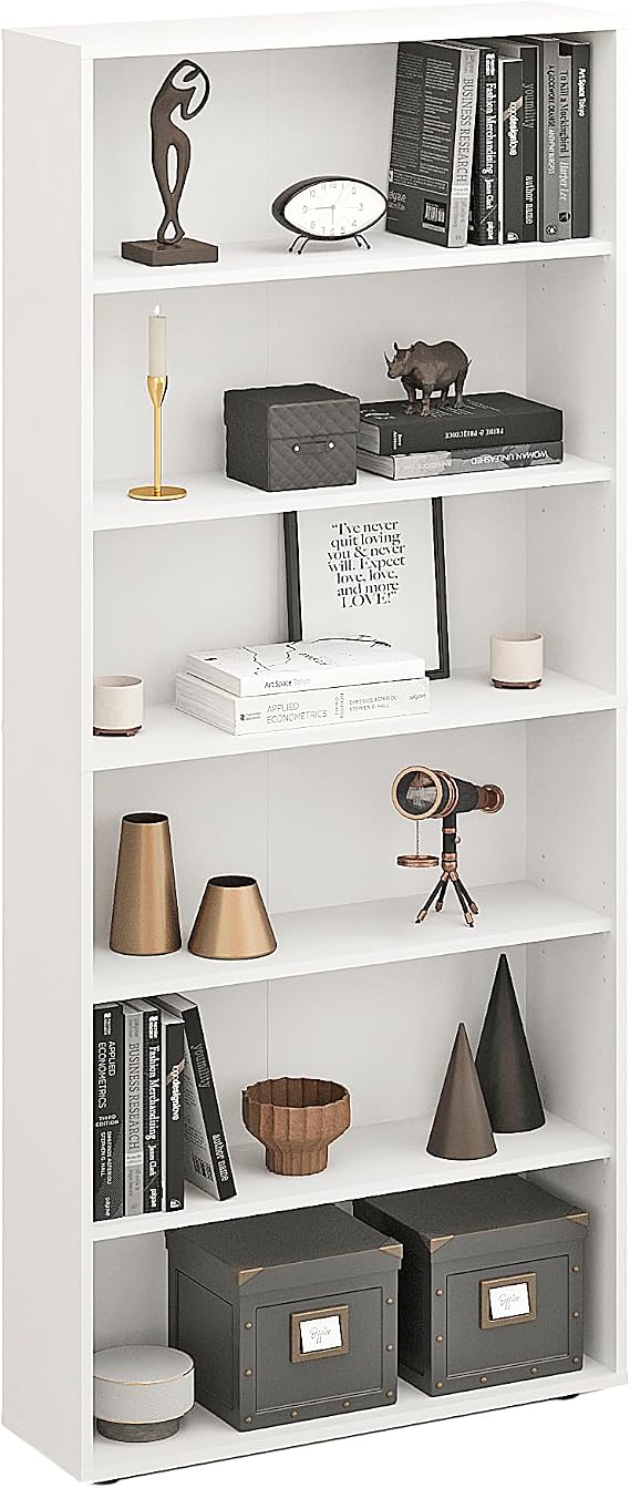 Komto White Bookcase Tall - 6-Tier Book Shelf Unit Freestanding, Ideal for Storage in Living Room, Bedroom or Home Office | Lumo 80 x 180 x 24 cm