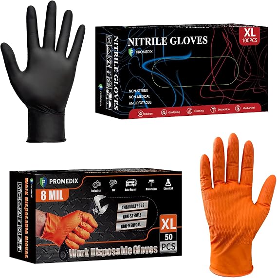 PROMEDIX P 4-mil 100 Count Black Nitrile Gloves & 8-mil 50 Count Orange Nitrile Gloves - Size X-Large