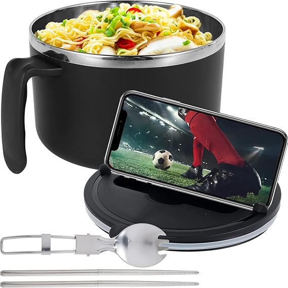 Rapid Ramen Bowl with Filterable Lid 1200ml Noodle Bowl with Spoon Chopsticks Handle Dishwasher Safe Noodles Cooker Bowl for College Dorm Home Office