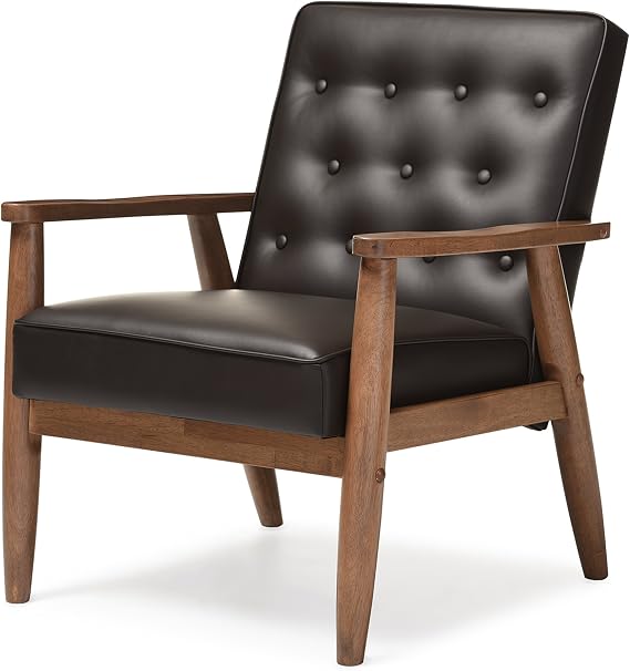 Baxton Studio Sorrento Faux Leather Upholstered Wooden Lounge Chair, Brown