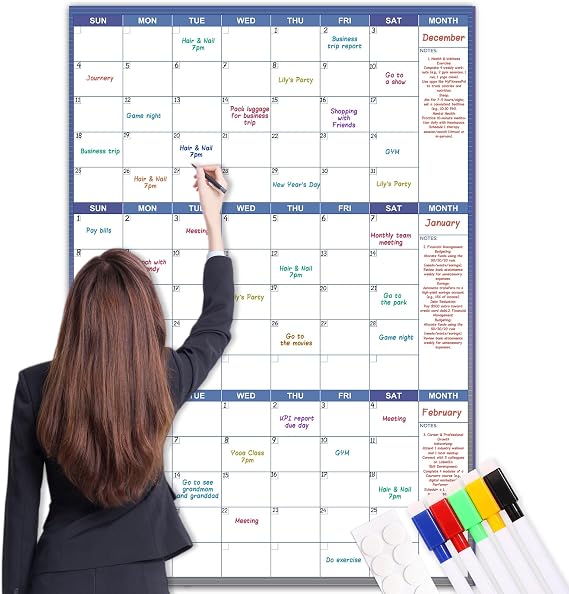 Large Dry Erase Calendar for Wall - Undated Wall Calendar Dry Erase, 28" x 40" (Vertical), Erasable & Reusable Wall Calendar 3 Month with Round Stickers and Markers for Home, Office, Classroom and Gym Use, Blue