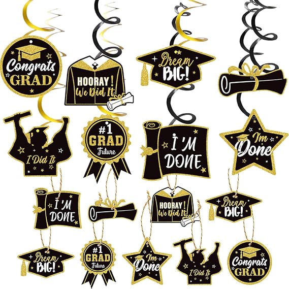 30-Piece Graduation Decoration Set Black Gold Hanging Decoration & Spirals & Pendant for Graduation Party