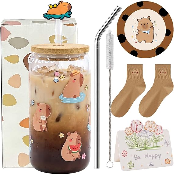 Capybara Water Pig Glass Mug with Lid and Straw