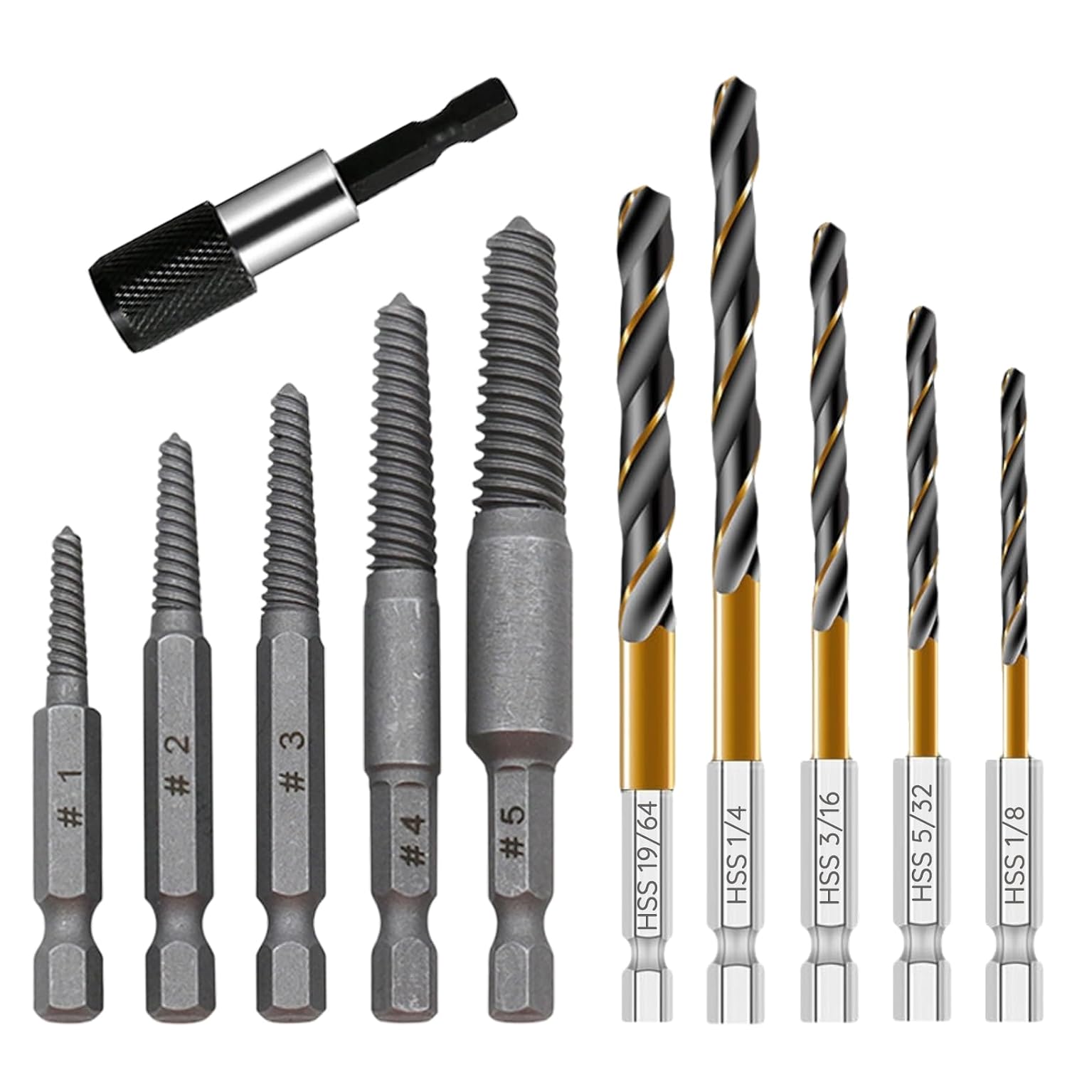 11 Pcs Screw Extractor and Left-Hand Drill Bit Set, Easy Out Broken Bolt Remover Reverse HSS Cobalt Drill Screw Extractor Kit, 14 Adaptor,Ez Out Stripped, Rounded-Off, Damaged Broken Screw Bolts