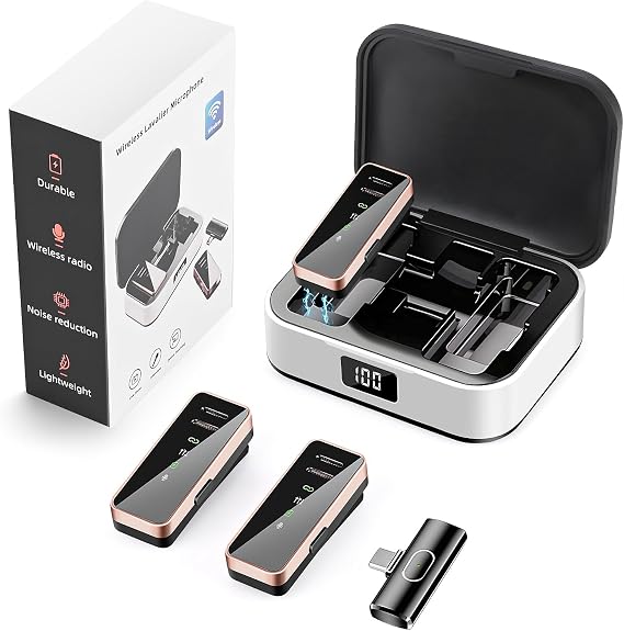 Weinsamkeit Wireless Lavalier Microphone with LED Screen Display and Charging Box Mini Microphone for iPhone/iPad/Type-C Android/PC 2.4GHz Car Sync Wireless Microphone for Vlog YouTube Interview