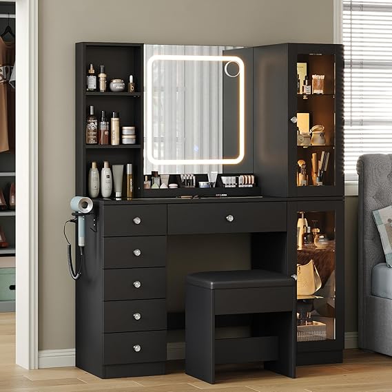 FUSOU Dressing Table with LED Mirror, Vanity Desk with Charging Station, 2 Cabinets & 3 Open Shelves, 6 Drawers Vanity Set with Glass Top, Makeup Vanity Table for Bedroom, Black
