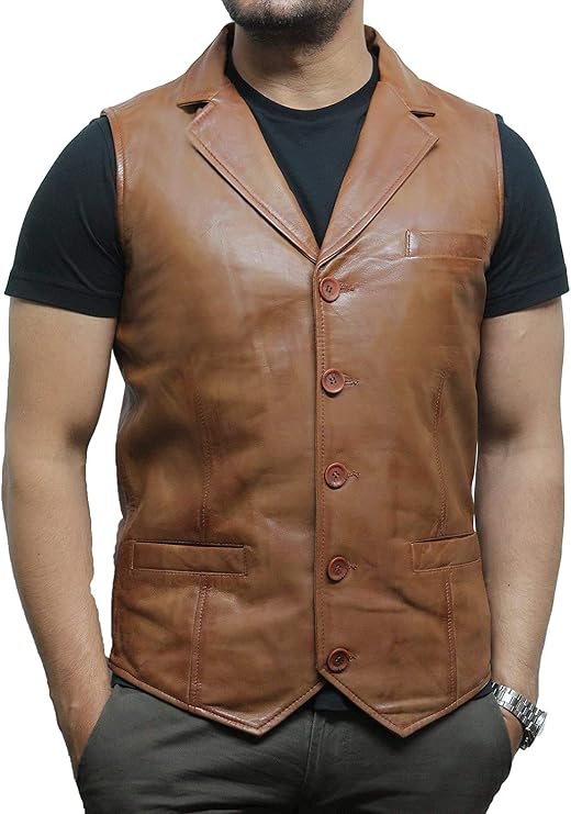 BRANDSLOCK Mens Leather Waistcoat Genuine Lambskin Vest