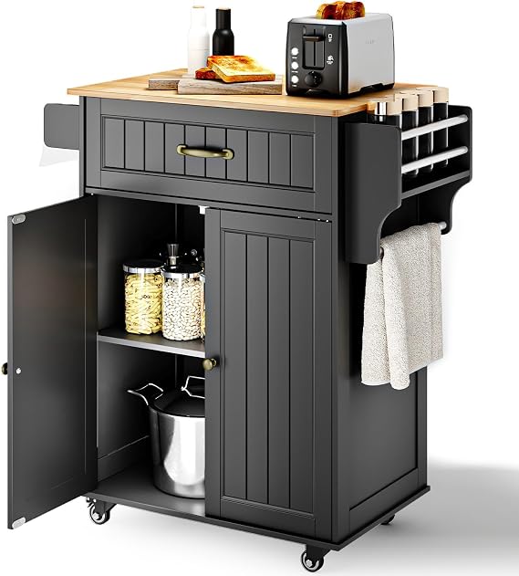Xbro Kitchen Island with Wheels, Farmhouse Kitchen Storage Cabinet, Rubber Wood Countertop with Drawer and Adjustable Shelves, Portable Serving Cart with Towel & Spice Rack,Black