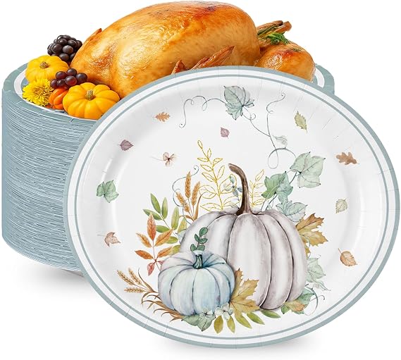 QIYANPAX Fall Paper Plates Large 9" X 11" Thanksgiving Pumpkins Maple Leaf Disposable Autumn Dinnerware for Harvest Thanksgiving Party Decorations, 25 Pcs
